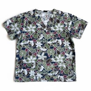 Medgear Floral Scrub Top Cottagecore V Neck Medical Shirt Nurse Blue Green M